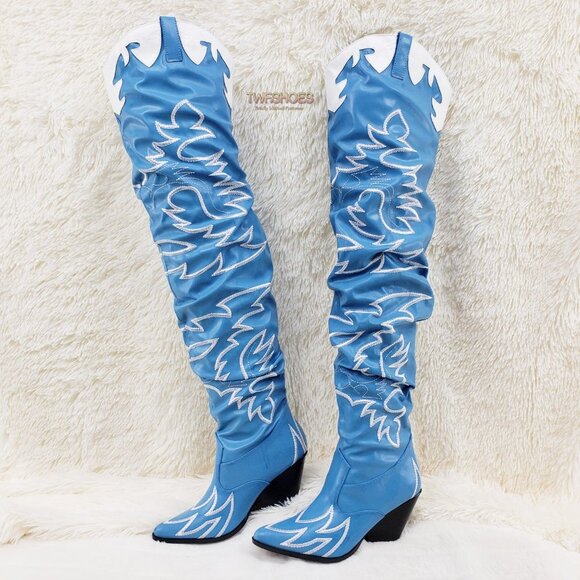 Turquoise Blue Embroidered White Western OTK Thigh High Slouch Cowboy Boots - Picture 1 of 15